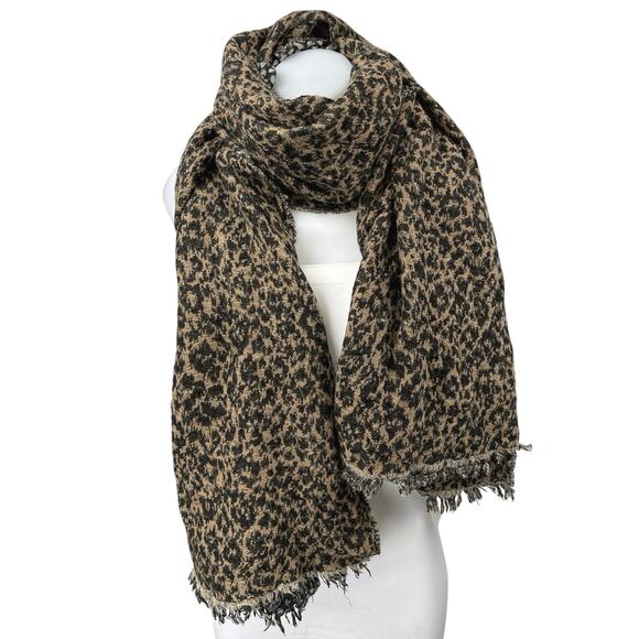 Zara Brown Black Wool Knit Leopard Animal Print Fringe Shawl Wrap Scarf Size M - Picture 1 of 4